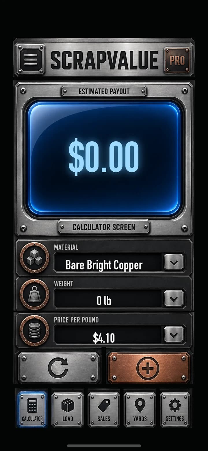 ScrapValue calculator showing a scrap metal payout estimate