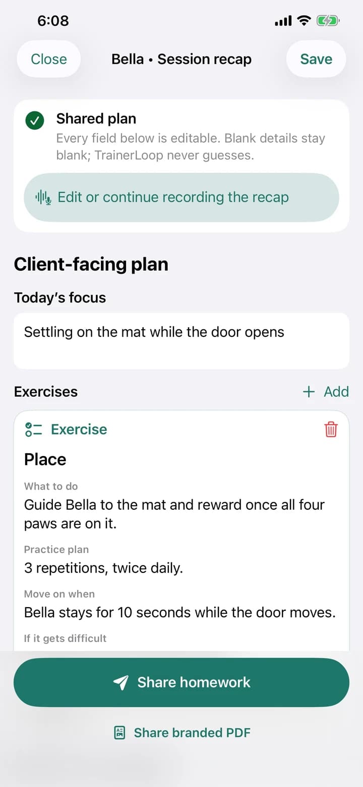 TrainerLoop professional client-facing dog training plan