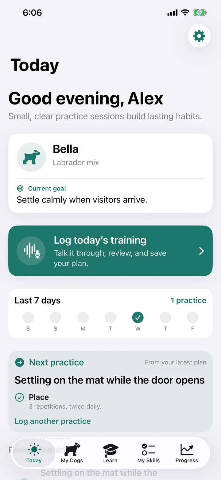 TrainerLoop Today screen with a dog profile and next practice