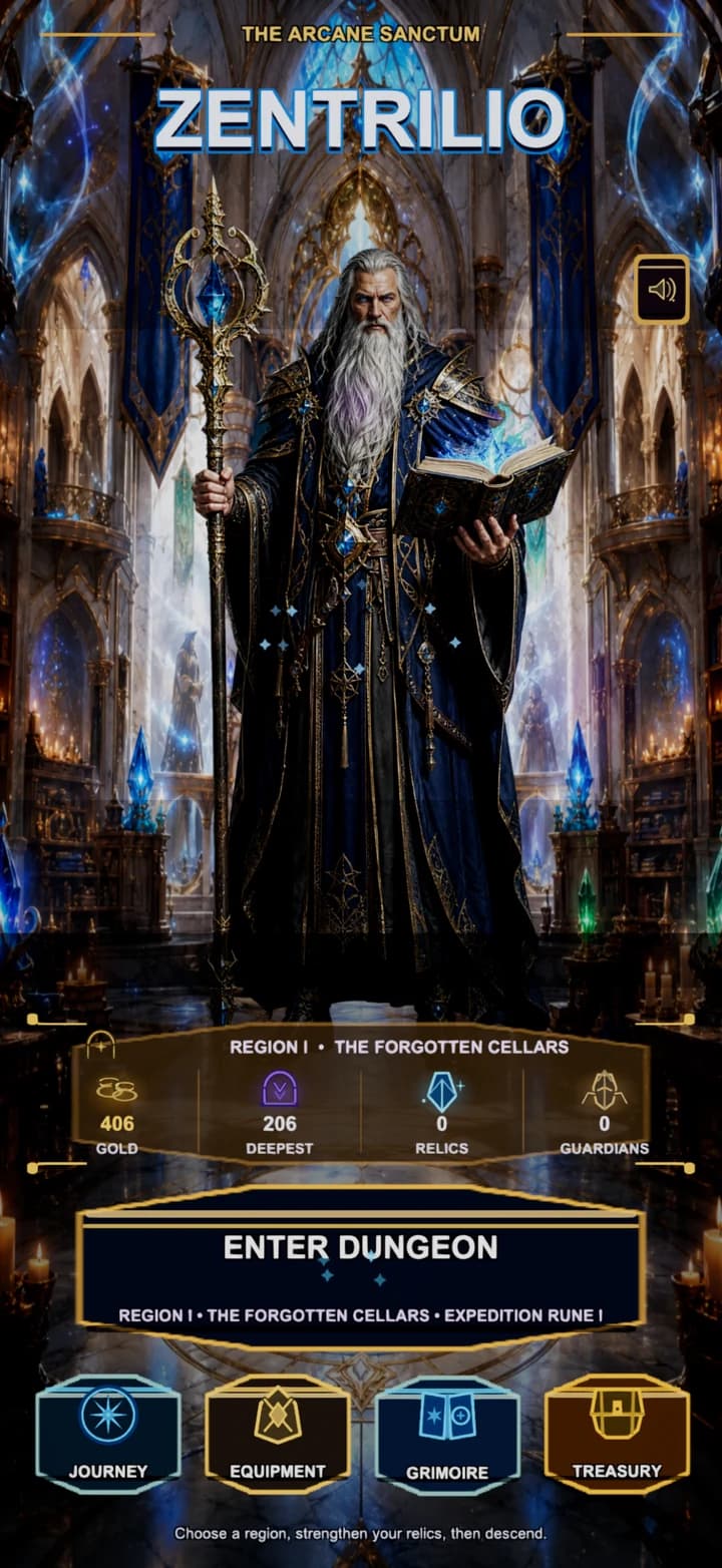 Zentrilio sanctum screen with a wizard and dungeon entrance