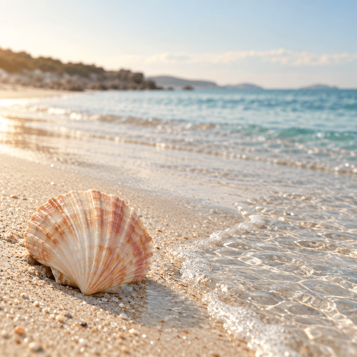 Decorative coastal campaign artwork of an empty scallop shell beside shallow turquoise water